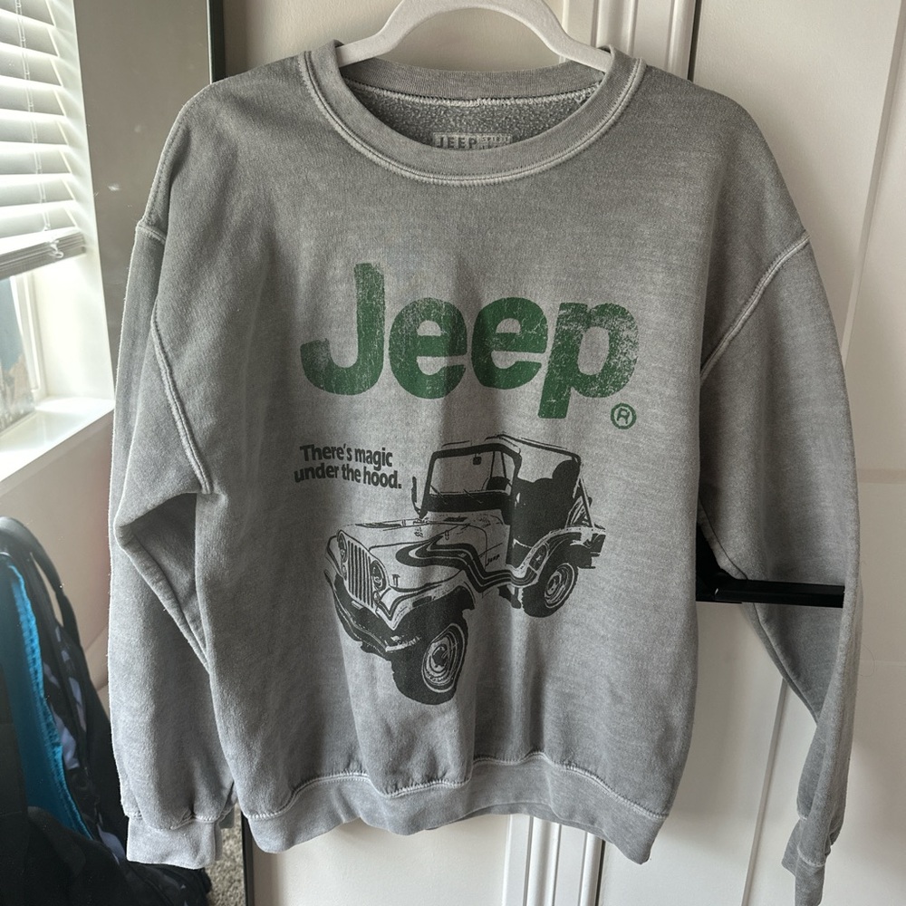 Green and grey jeep crewneck. So cute. Worn once.